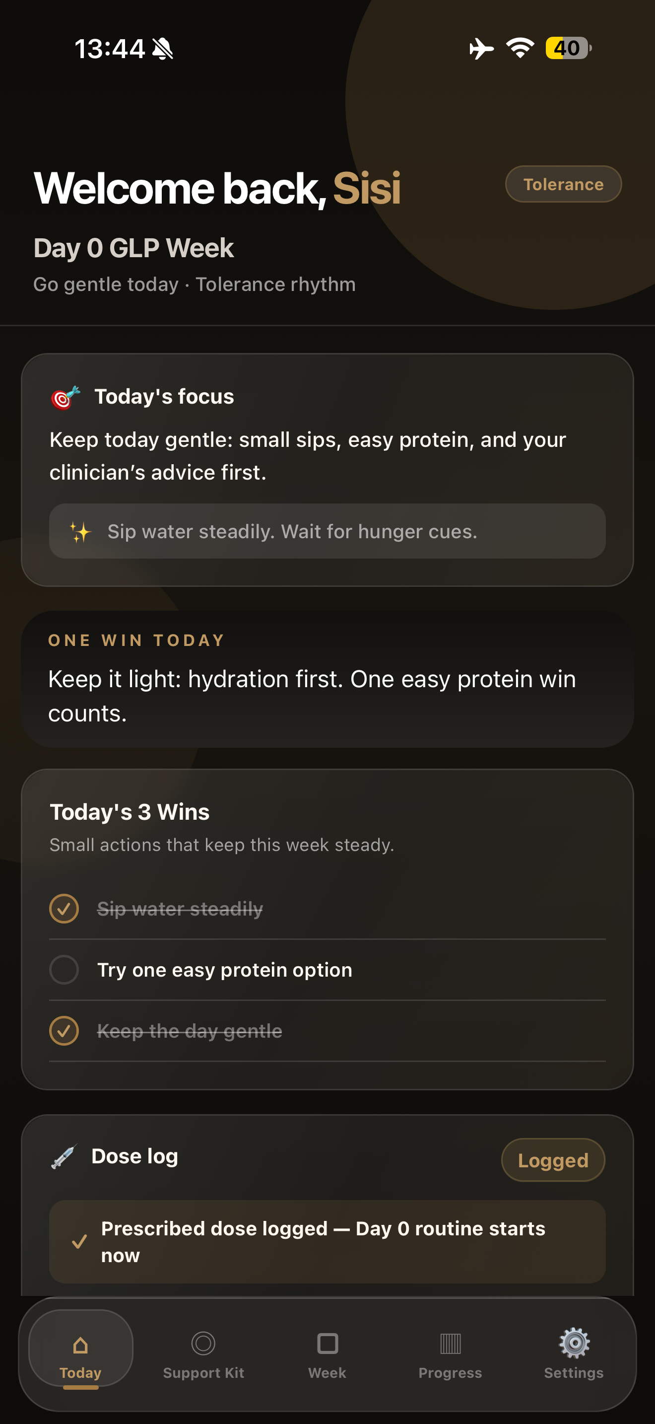GLP Week Coach Today dashboard showing daily routine focus, simple wins and dose logging.